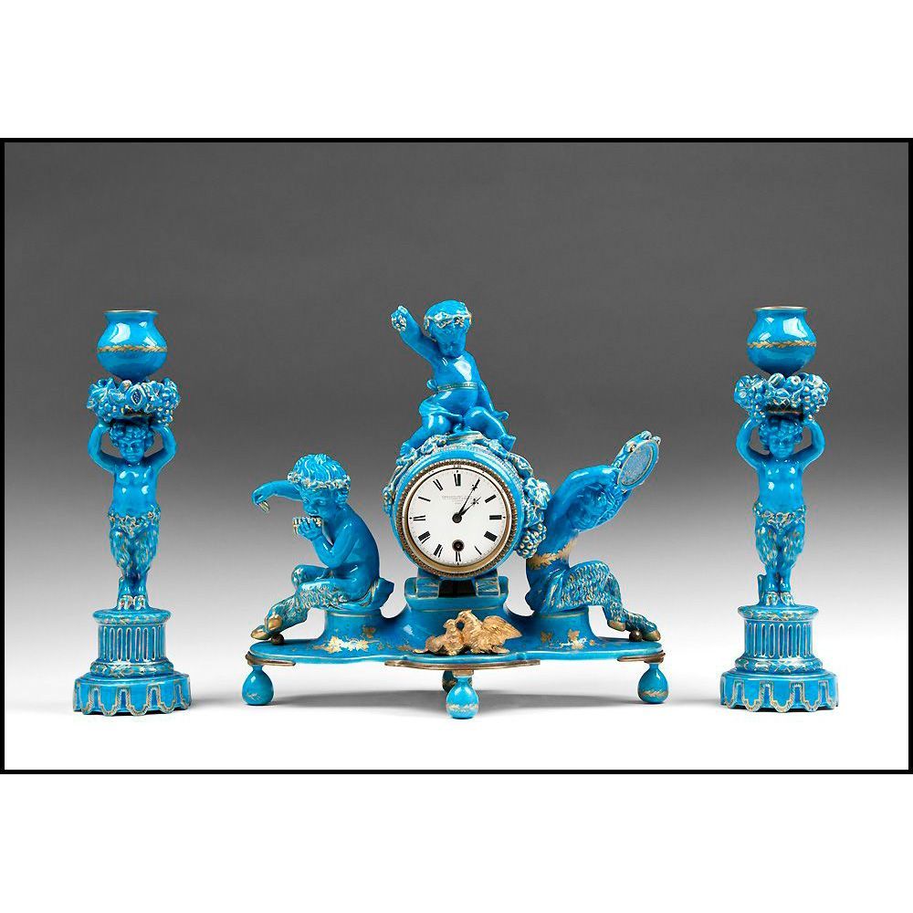 19th C. Blue Turquoise Glazed Sevres Style Clock Garniture Set 19th C. Blue Turquoise Glazed Sevres Style Clock Garniture Set