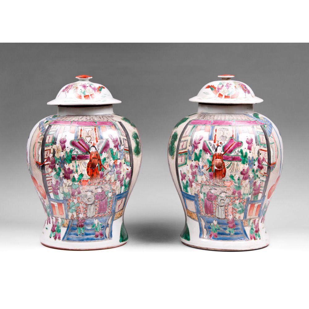 Pair of Yongzheng Style 19th C. Chinese Export Famille Rose Temple Jars Pair of Yongzheng Style 19th C. Chinese Export Famille Rose Temple Jars