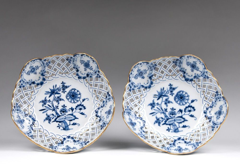 Pair of Meissen Blue Onion Gilded Pierced Compotes Pair of Meissen Blue Onion Gilded Pierced Compotes