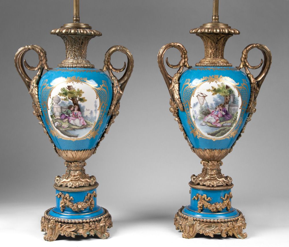 Pair Of Bleu Celeste French Sevres Porcelain Lamps Mounted In Bronze
