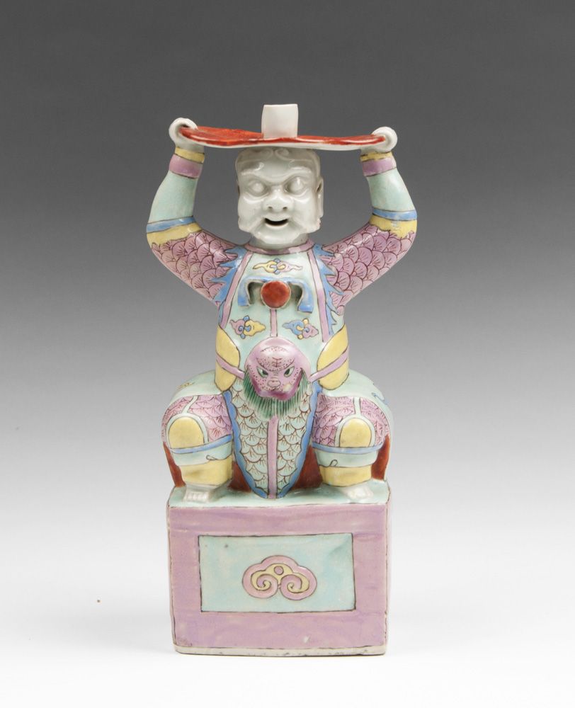 Pr. of 19th C. Famille Rose Chinese Export Figural Joss Stick Holders Pr. of 19th C. Famille Rose Chinese Export Figural Joss Stick Holders