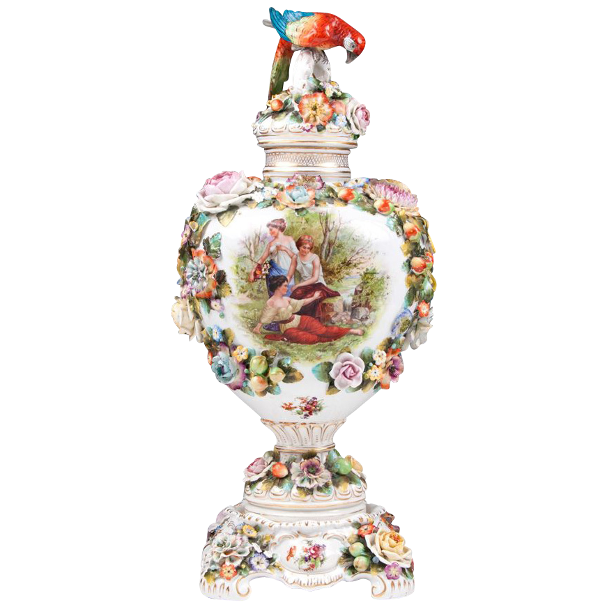 Late 19th C. Dresden Three Part Bolted Urn With Cover Late 19th C. Dresden Three Part Bolted Urn With Cover