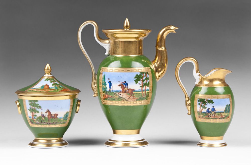 19th C. Nymphenburg Porcelain Vignette Painted 3 Piece Tea Set 19th C. Nymphenburg Porcelain Vignette Painted 3 Piece Tea Set