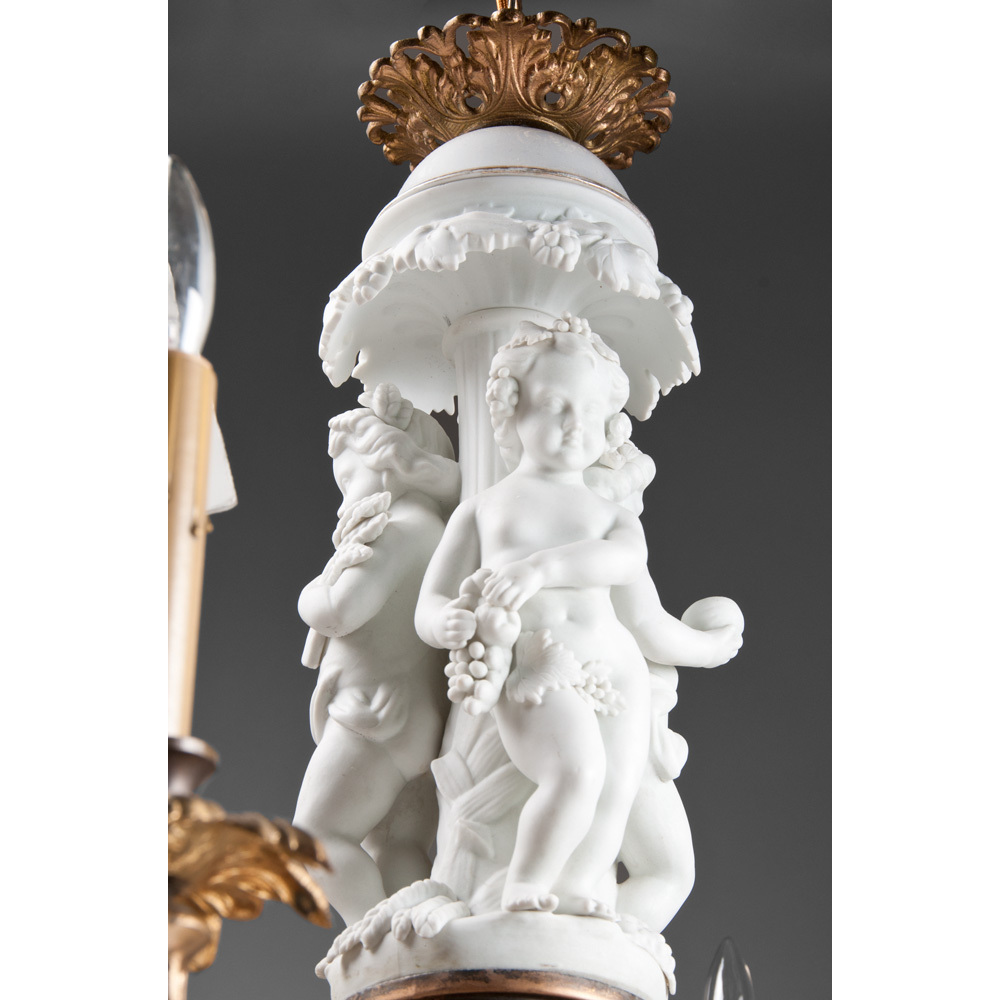 Mid 20th C. Italian Alabaster Chandelier With Biscuit Figural Column Mid 20th C. Italian Alabaster Chandelier With Biscuit Figural Column