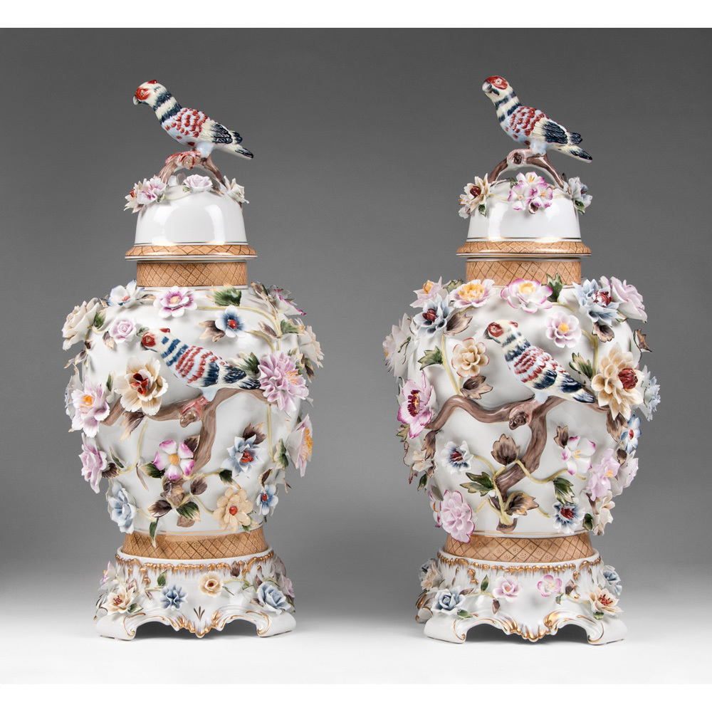 Richard Klemm Dresden Porcelain Urns Floral And Bird Encrusted Richard Klemm Dresden Porcelain Urns Floral And Bird Encrusted