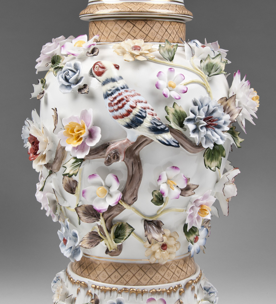 Richard Klemm Dresden Porcelain Urns Floral And Bird Encrusted Richard Klemm Dresden Porcelain Urns Floral And Bird Encrusted