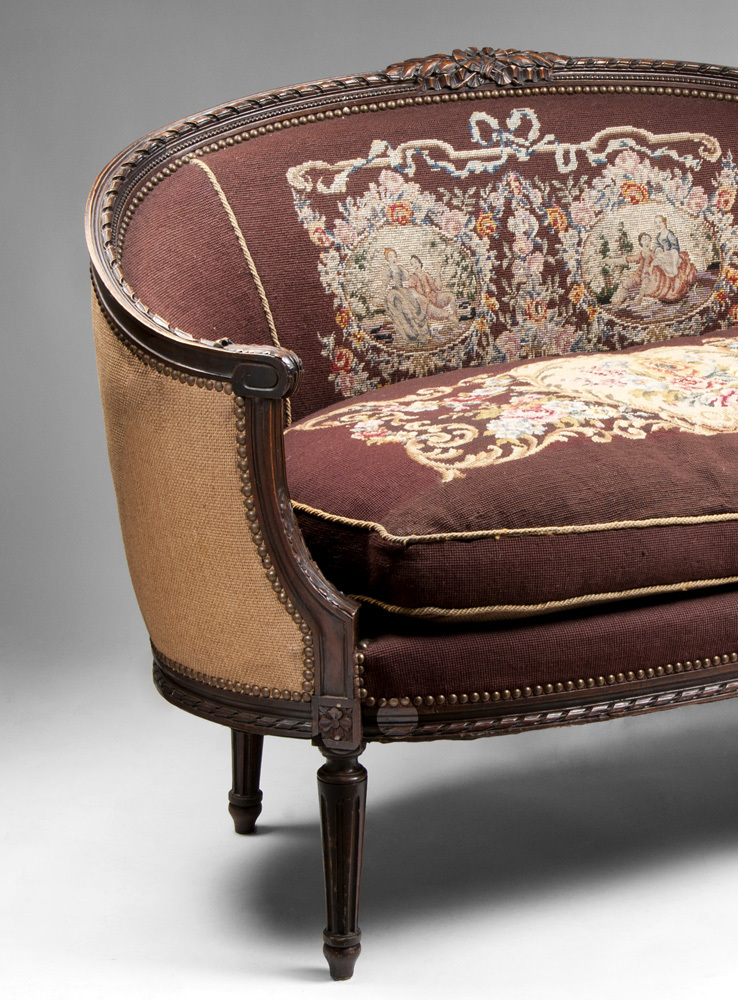 Louis XVI Carved Canape Corbeille Or Settee, Needlepoint Louis XVI Carved Canape Corbeille Or Settee, Needlepoint