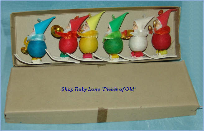 Vintage Christmas Elf Band Papier-mache Ornaments Mint in Box! Vintage Christmas Elf Band Papier-mache Ornaments Mint in Box!