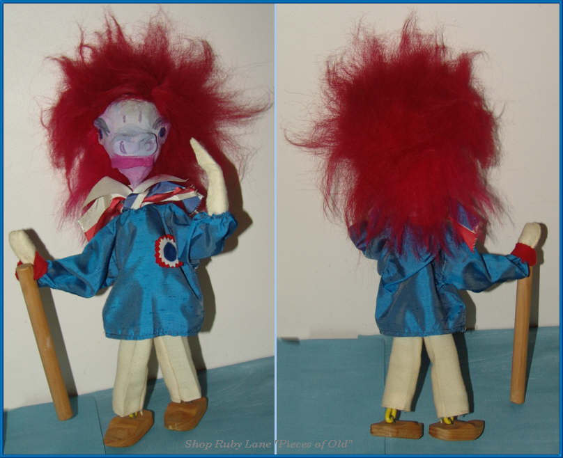 Hippie-era Folk Art "Punch" Character Doll with Wild Pink Hair Hippie-era Folk Art "Punch" Character Doll with Wild Pink Hair