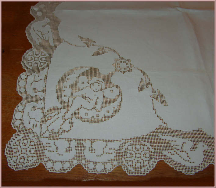 Victorian Linen Square Tablecloth Filet lace & Cutwork, Cherubs & Birds Victorian Linen Square Tablecloth Filet lace & Cutwork, Cherubs & Birds