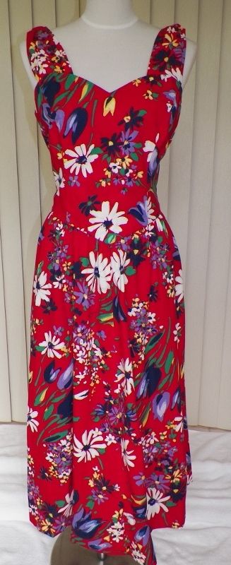 1980s Red Cotton Sun Dress w/Floral Design 1980s Red Cotton Sun Dress w/Floral Design