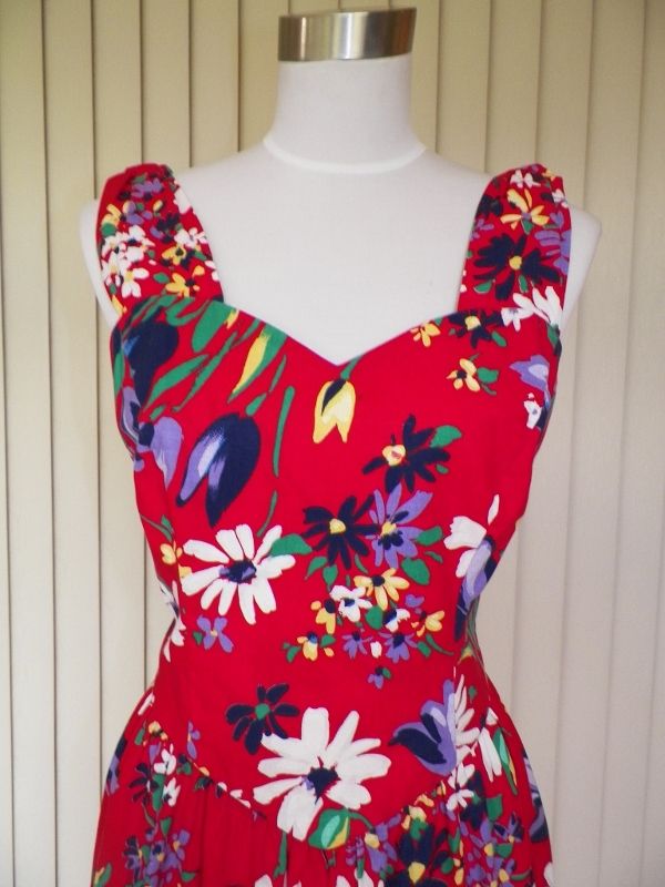 1980s Red Cotton Sun Dress w/Floral Design 1980s Red Cotton Sun Dress w/Floral Design
