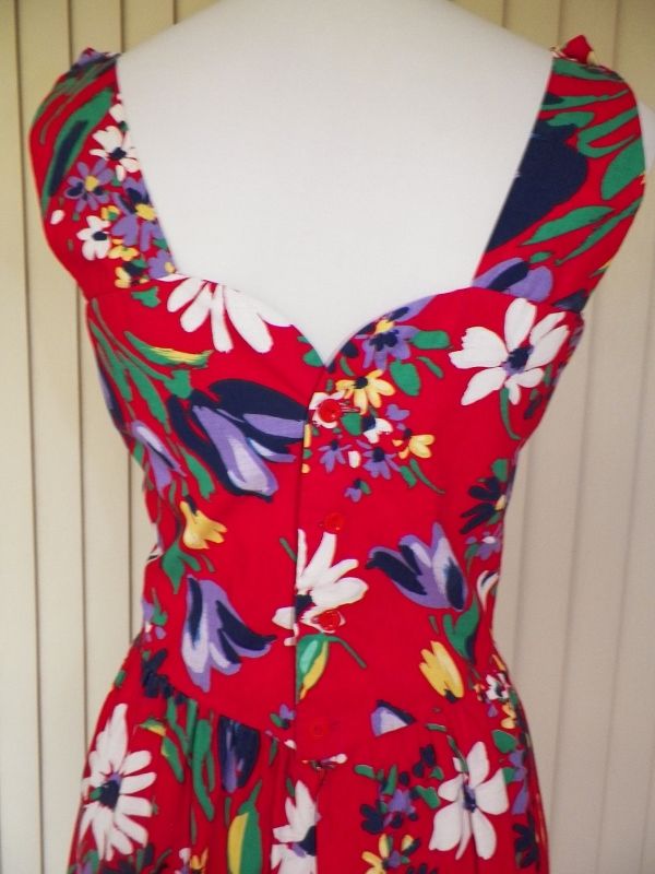1980s Red Cotton Sun Dress w/Floral Design 1980s Red Cotton Sun Dress w/Floral Design