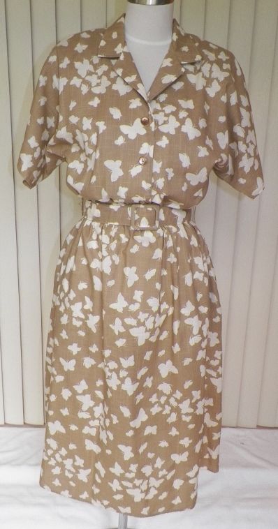 1980s Taupe Dress w/Butterfly Design 1980s Taupe Dress w/Butterfly Design