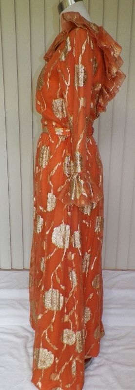 1960s / 1970s Orange and Gold Floral Formal / Gown 1960s / 1970s Orange and Gold Floral Formal / Gown
