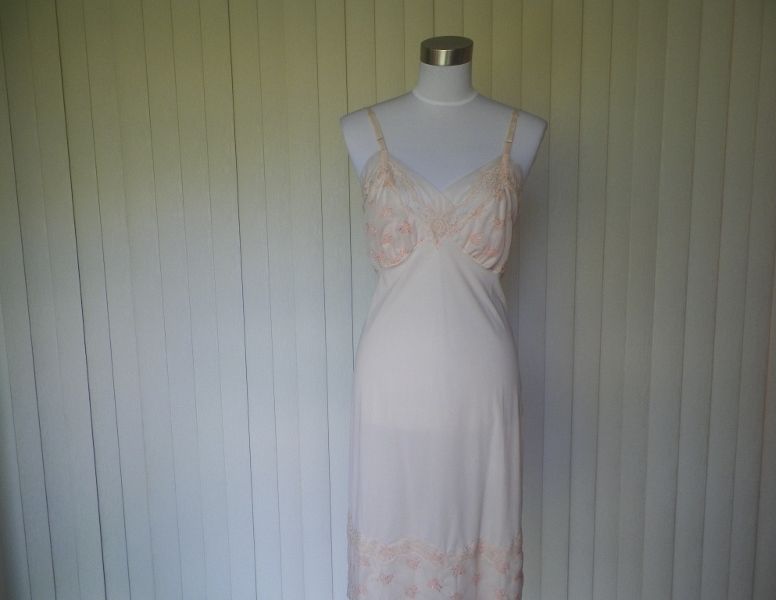 1960s Light Peach Nylon Slip with Embroidery 1960s Light Peach Nylon Slip with Embroidery