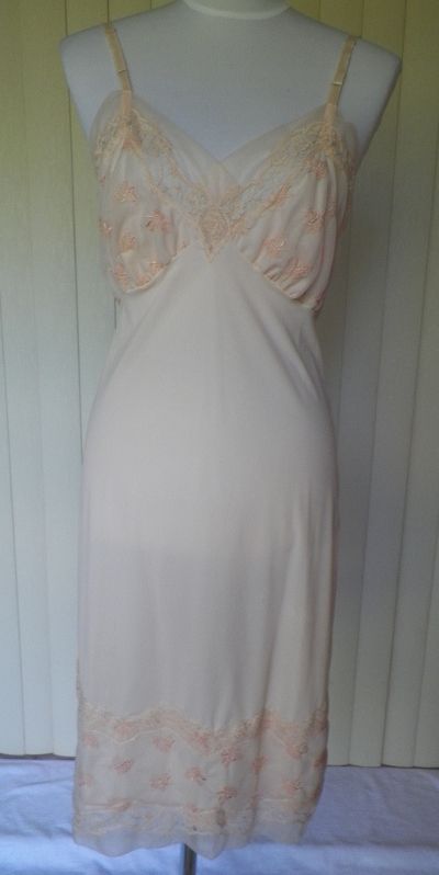 1960s Light Peach Nylon Slip with Embroidery 1960s Light Peach Nylon Slip with Embroidery