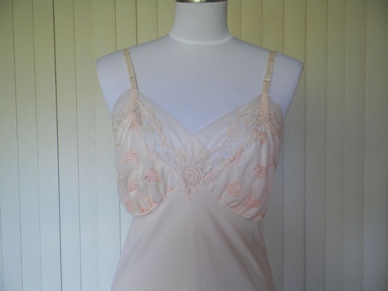 1960s Light Peach Nylon Slip with Embroidery 1960s Light Peach Nylon Slip with Embroidery