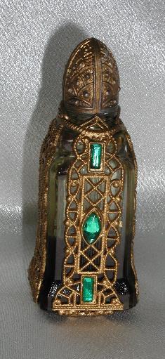Vintage Gold Filigree Highly Ornate Perfume Bottle Emerald Green Jewels Partially Filled Vintage Gold Filigree Highly Ornate Perfume Bottle Emerald Green Jewels Partially Filled