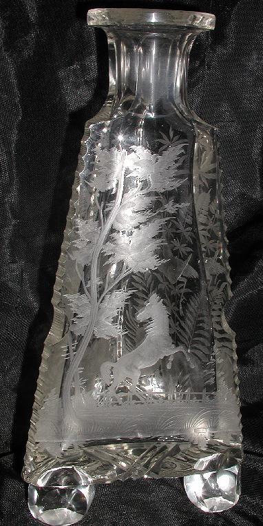 Extremely Unusual Three Sided Footed Glass Decanter Etched Horse & Birds Heron Serrated Sides Extremely Unusual Three Sided Footed Glass Decanter Etched Horse & Birds Heron Serrated Sides
