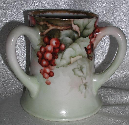 T & V Limoges France Three Handle Loving Cup Vase Red Grapes Artist Signed Tressemann & Vogt T & V Limoges France Three Handle Loving Cup Vase Red Grapes Artist Signed Tressemann & Vogt
