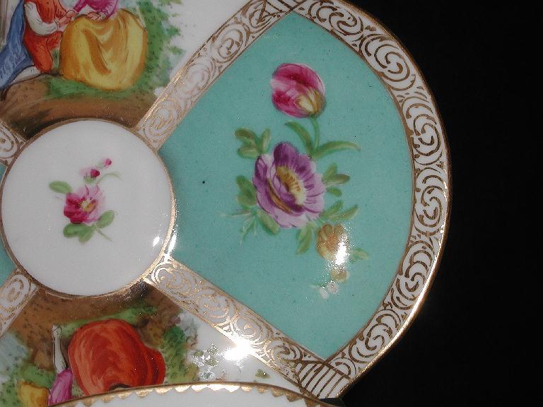 Dresden Germany Richard Klemm Two Handle Quatrefoil Cup & Saucer Victorian Courting Scenes Floral Medallions Turquoise Gold Trim Dresden Germany Richard Klemm Two Handle Quatrefoil Cup & Saucer Victorian Courting Scenes Floral Medallions Turquoise Gold Trim
