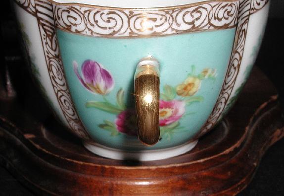 Dresden Germany Richard Klemm Two Handle Quatrefoil Cup & Saucer Victorian Courting Scenes Floral Medallions Turquoise Gold Trim Dresden Germany Richard Klemm Two Handle Quatrefoil Cup & Saucer Victorian Courting Scenes Floral Medallions Turquoise Gold Trim