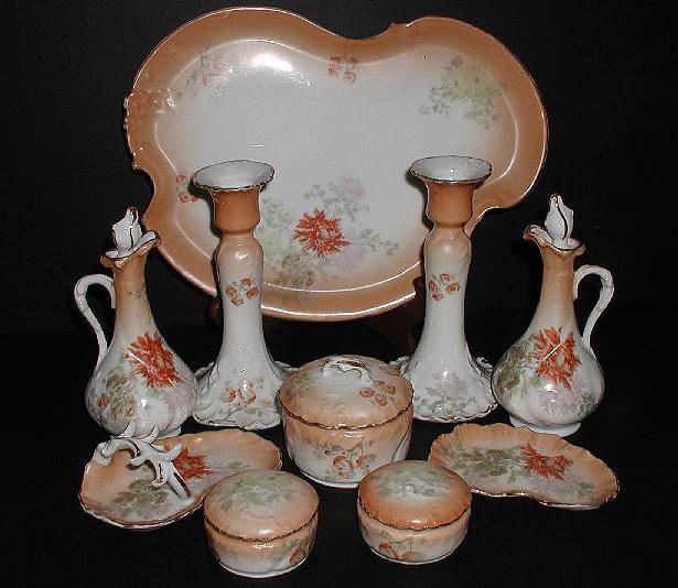Large Stunning William Guerin Limoges France 10 Pc Salmon Colored Dahlia Dresser Set Large Stunning William Guerin Limoges France 10 Pc Salmon Colored Dahlia Dresser Set