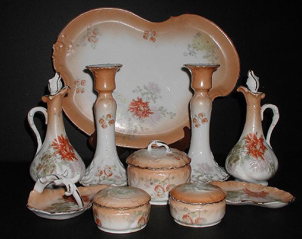 Large Stunning William Guerin Limoges France 10 Pc Salmon Colored Dahlia Dresser Set Large Stunning William Guerin Limoges France 10 Pc Salmon Colored Dahlia Dresser Set