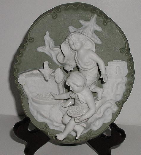 German Jasperware Sage Green 3 Dimensional Wall Hanging Plaque Children Feeding Birds German Jasperware Sage Green 3 Dimensional Wall Hanging Plaque Children Feeding Birds