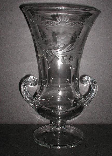 Vintage Large 2 Handle Etched Floral Glass Vase 10.5" Vintage Large 2 Handle Etched Floral Glass Vase 10.5"