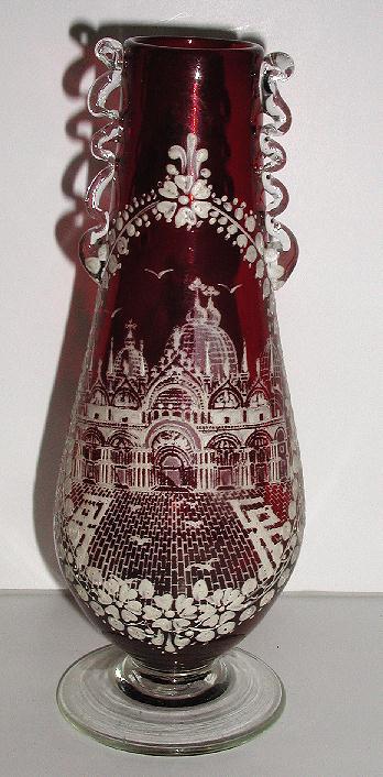 Amazingly Detailed Hand Painted White Enamel Ruby Red Vase Palace & Courtyard Scene Flowers Clear Applied Handles Amazingly Detailed Hand Painted White Enamel Ruby Red Vase Palace & Courtyard Scene Flowers Clear Applied Handles