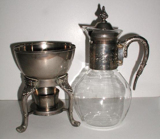 Ornate Silverplate & Glass Footed Coffee Carafe & Warmer Ornate Silverplate & Glass Footed Coffee Carafe & Warmer