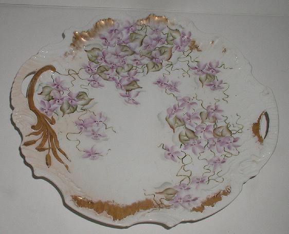 M Redon Limoges France 1893 Cake Plate Purple Violets Scalloped Embossed Gold Overlay M Redon Limoges France 1893 Cake Plate Purple Violets Scalloped Embossed Gold Overlay