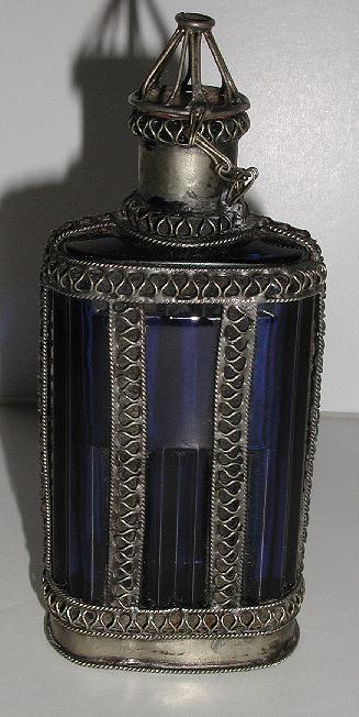 Highly Unusual & Unique Cobalt Blue Glass Perfume / Scent Bottle Pewter Enclosed Cage Vertical Ribbing Highly Unusual & Unique Cobalt Blue Glass Perfume / Scent Bottle Pewter Enclosed Cage Vertical Ribbing