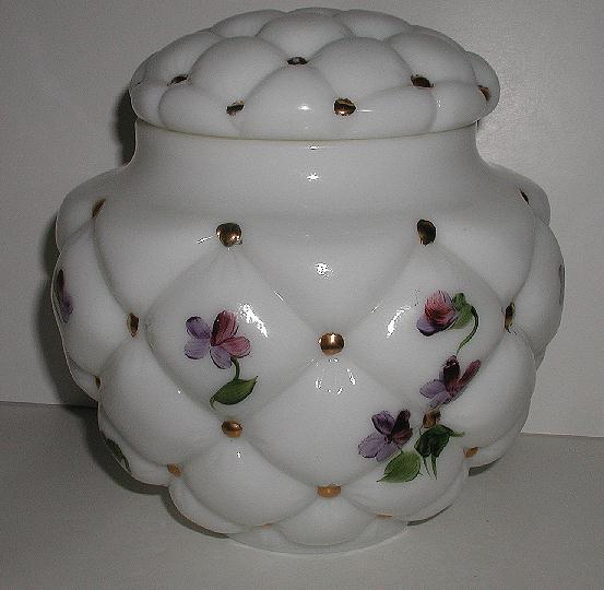 Exquisite Vintage Consolidated Glass Tufted Pillow Milk Glass Covered Jar Hand Painted Violets & Gold Beads Original Sticker Large Exquisite Vintage Consolidated Glass Tufted Pillow Milk Glass Covered Jar Hand Painted Violets & Gold Beads Original Sticker Large