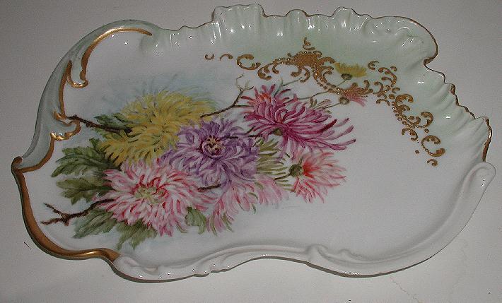 Exquisite Limoges France Vanity Tray Hand Painted Dahlias Gold Beading Gold Scrolling Gold Trim Scalloped Mint Green Background Embossed Exquisite Limoges France Vanity Tray Hand Painted Dahlias Gold Beading Gold Scrolling Gold Trim Scalloped Mint Green Background Embossed