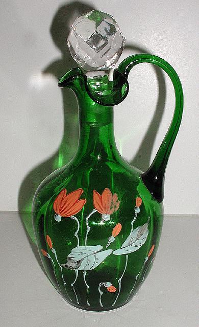 exquisite Victorian Forest Green Cruet Hand Painted Orange & White Enameled Flowers Ruffled Rim exquisite Victorian Forest Green Cruet Hand Painted Orange & White Enameled Flowers Ruffled Rim