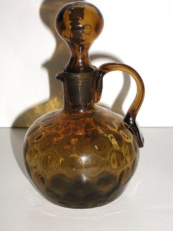 Old Petite 1800s Blown Glass Dark Amber Cruet Matching Stopper Thumbprint Applied Handle Old Petite 1800s Blown Glass Dark Amber Cruet Matching Stopper Thumbprint Applied Handle