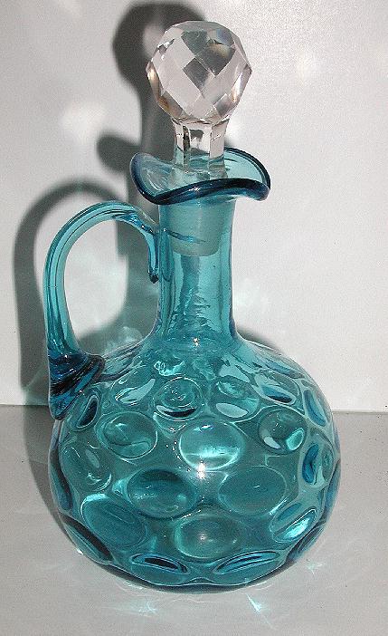 Old Royal Blue Glass Cruet Ruffled Rim Thumbprint Design Applied Handle Old Royal Blue Glass Cruet Ruffled Rim Thumbprint Design Applied Handle