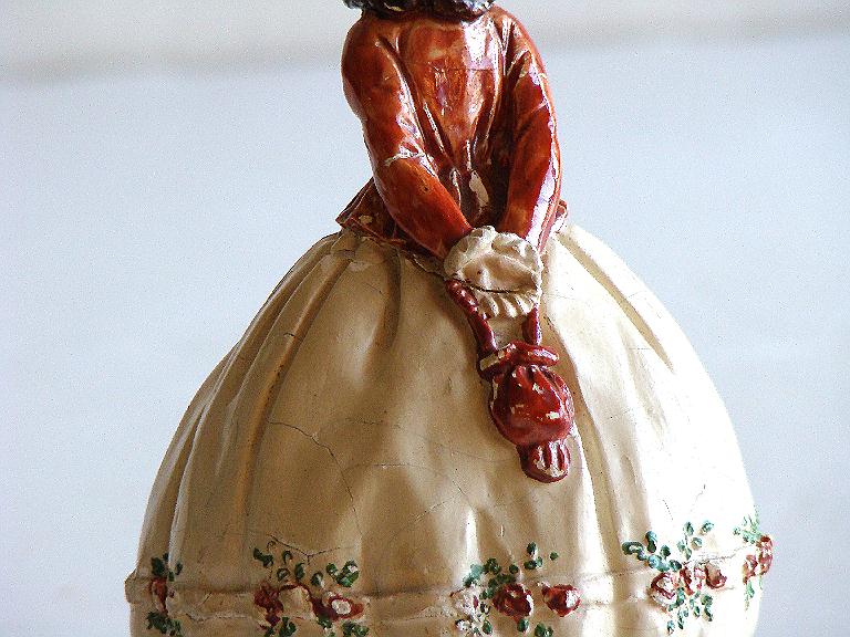 Antique Chalkware Victorian Woman Figurine Floral Bonnet Balloon Dress Antique Chalkware Victorian Woman Figurine Floral Bonnet Balloon Dress