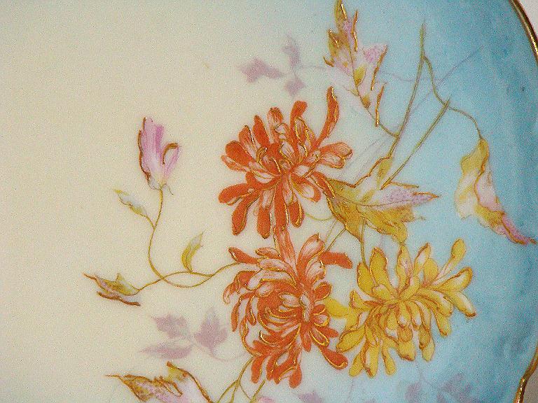 Jean Pouyat Limoges JPL Handpainted Dahlia Plate Salmon Pink Yellow Sky Blue Gold Embossed Jean Pouyat Limoges JPL Handpainted Dahlia Plate Salmon Pink Yellow Sky Blue Gold Embossed