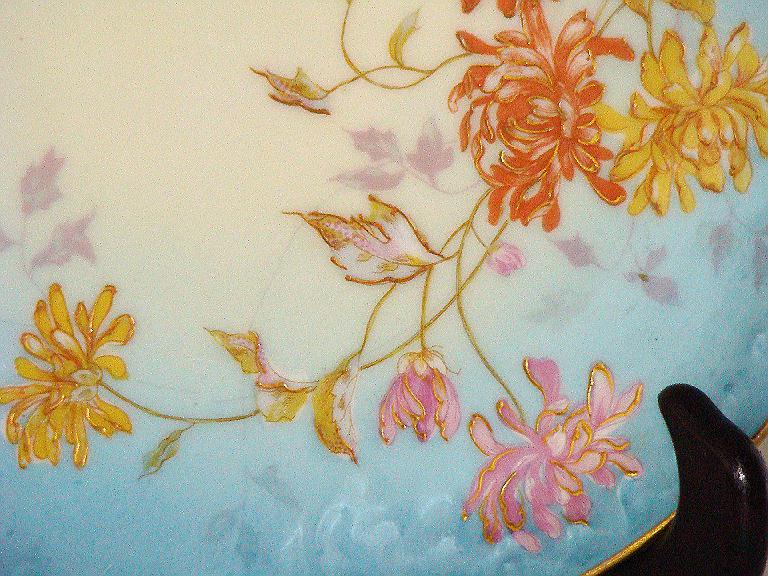 Jean Pouyat Limoges JPL Handpainted Dahlia Plate Salmon Pink Yellow Sky Blue Gold Embossed Jean Pouyat Limoges JPL Handpainted Dahlia Plate Salmon Pink Yellow Sky Blue Gold Embossed