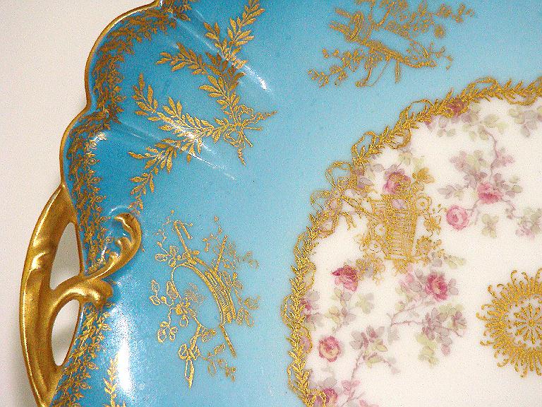 Amazingly Detailed Haviland Limoges 8 7/8" Pierced Plate Sky Blue Heavy Gold Leaf Pink Roses J. W. & W. Westwater Amazingly Detailed Haviland Limoges 8 7/8" Pierced Plate Sky Blue Heavy Gold Leaf Pink Roses J. W. & W. Westwater