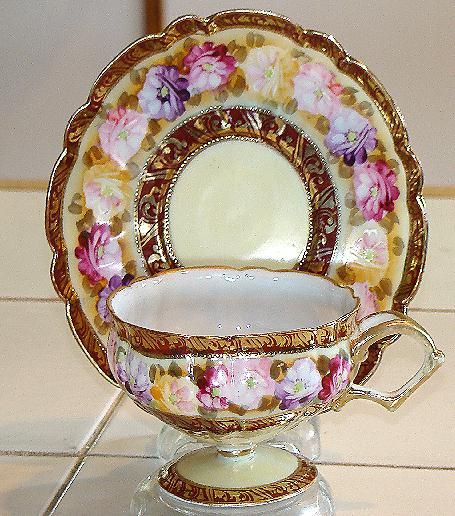 Amazing All Hand Painted Nippon Royal Kinran Pedestal Cup & Saucer Gold Beading Roses Amazing All Hand Painted Nippon Royal Kinran Pedestal Cup & Saucer Gold Beading Roses