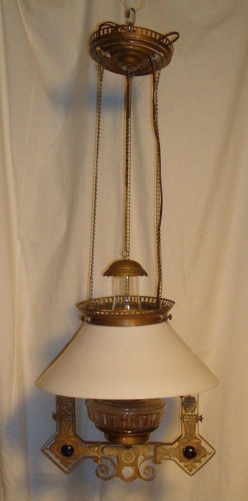 Aesthetic Style Jeweled Hanging Oil Lamp Circa 1880 - Converted Electric Aesthetic Style Jeweled Hanging Oil Lamp Circa 1880 - Converted Electric