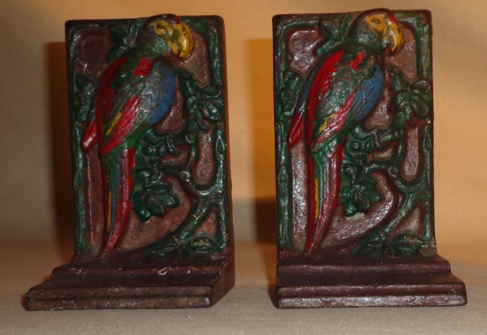 Art Deco Cast Iron Cold Painted Parrot Bookends Art Deco Cast Iron Cold Painted Parrot Bookends
