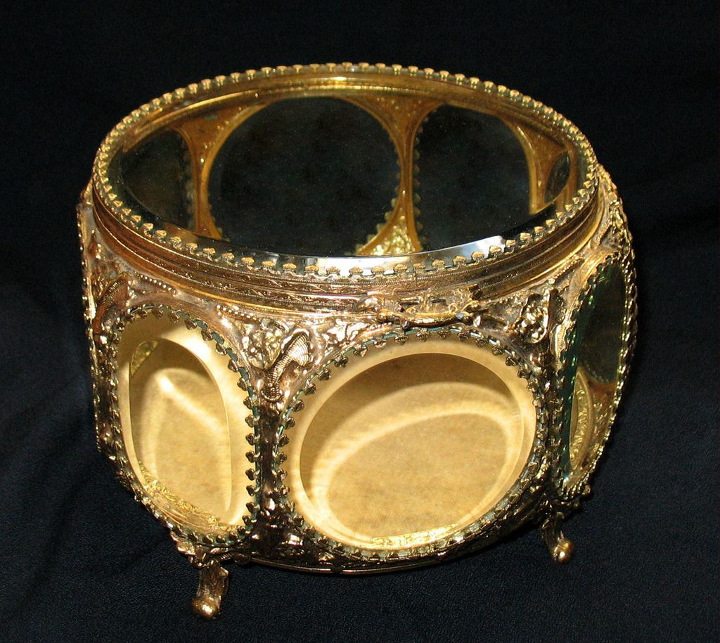 Large Ornate Jewelry Box With Beveled Glass Panels Large Ornate Jewelry Box With Beveled Glass Panels