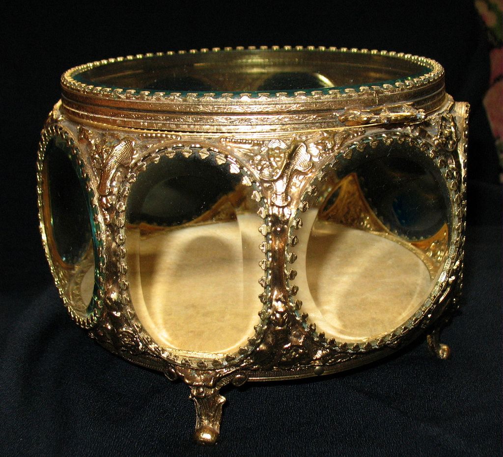 Large Ornate Jewelry Box With Beveled Glass Panels Large Ornate Jewelry Box With Beveled Glass Panels