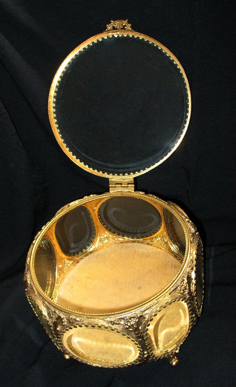 Large Ornate Jewelry Box With Beveled Glass Panels Large Ornate Jewelry Box With Beveled Glass Panels